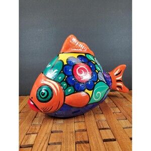 Large Vintage Mexican Folk Art Hand Painted Clay Pottery Fish